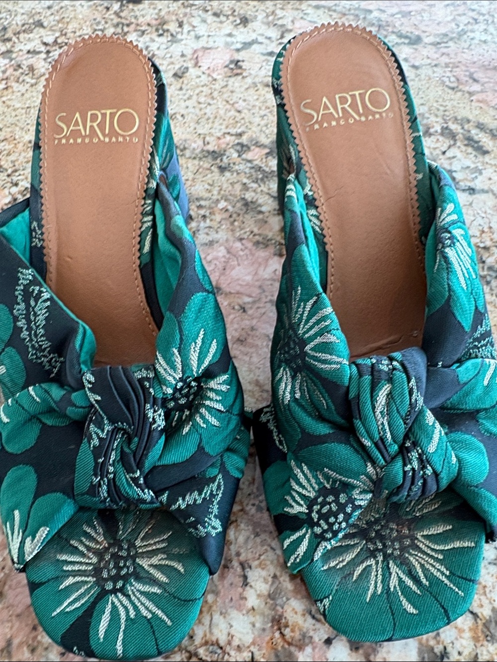 Franco Sarto Teal Floral Knot Slide Mules